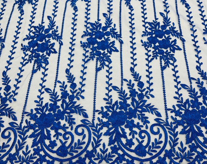 Royal Blue Floral Lace Fabric, Embroidery on a Mesh Lace Fabric For Gown, Wedding-Bridal-Dress By The Yard