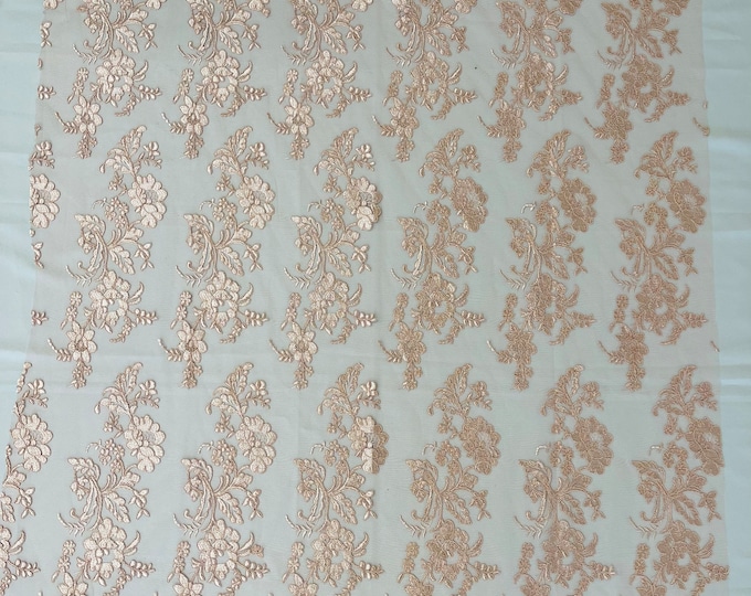 Rose Pink Flower Design Embroidered on Mesh Lace Fabric, Floral Bridal Lace Wedding Dress by the Yard (Pick a Size)