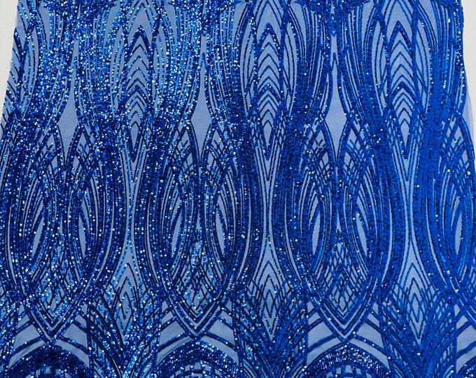Royal Blue Sequins Fabric | 4 Way Stretch Fancy Big Damask Design Sequins on Spandex Mesh Prom Gala Gown Fabric By The Yard