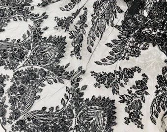 Black Beaded Fabric by the yard, Fashion Pattern With Beads and Sequin, bridals-weddings-prom