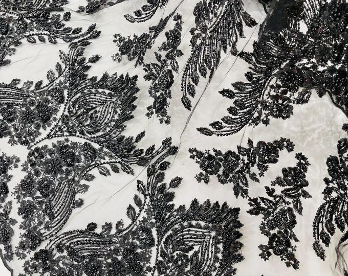 Black Beaded Fabric by the yard, Fashion Pattern With Beads and Sequin, bridals-weddings-prom