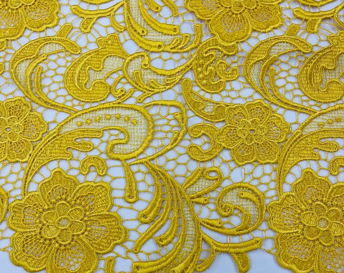 Mia Fabrics Inc, Yellow Guipure Lace Fabric Floral Bridal Lace Guipure Wedding Dress by the Yard (Pick a Size)