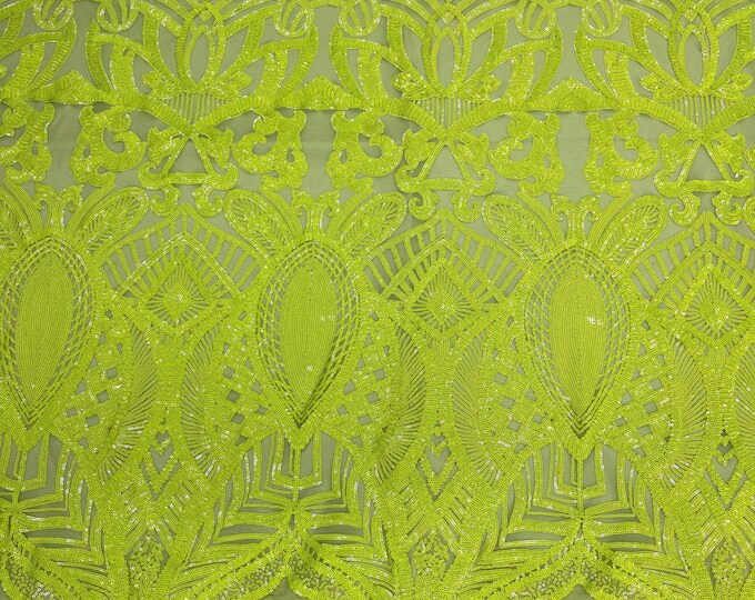 New Neon Lime Sequins on Mesh, Royalty Design on a Mesh 4way Stretch Sequin-Prom-Gown By The Yard