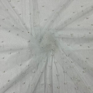 White Pearl Glitter Mesh Fabric, 2way Stretch Scattered Pearls Studded with glitter Mesh, sold by the yard (Pick a Size)