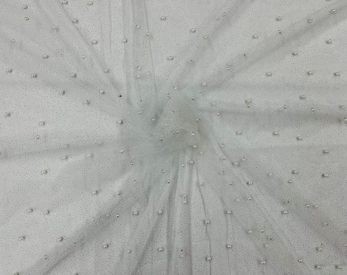 White Pearl Glitter Mesh Fabric, 2way Stretch Scattered Pearls Studded with glitter Mesh, sold by the yard (Pick a Size)