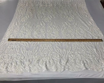 White Damask Sequin Fabric: Embroidered 4-Way Stretch Spandex, Prom Gown Material