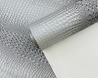 Mercury Silver Gator Embossed Vinyl Fabric: Crocodile Faux Leather Upholstery