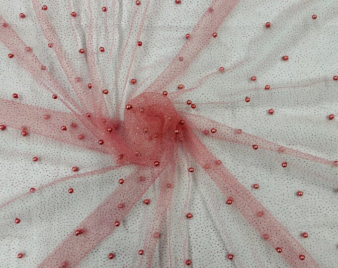 Dusty Rose Pearl Glitter Mesh Fabric, 2way Stretch Scattered Pearls Studded with glitter Mesh, sold by the yard (Pick a Size)