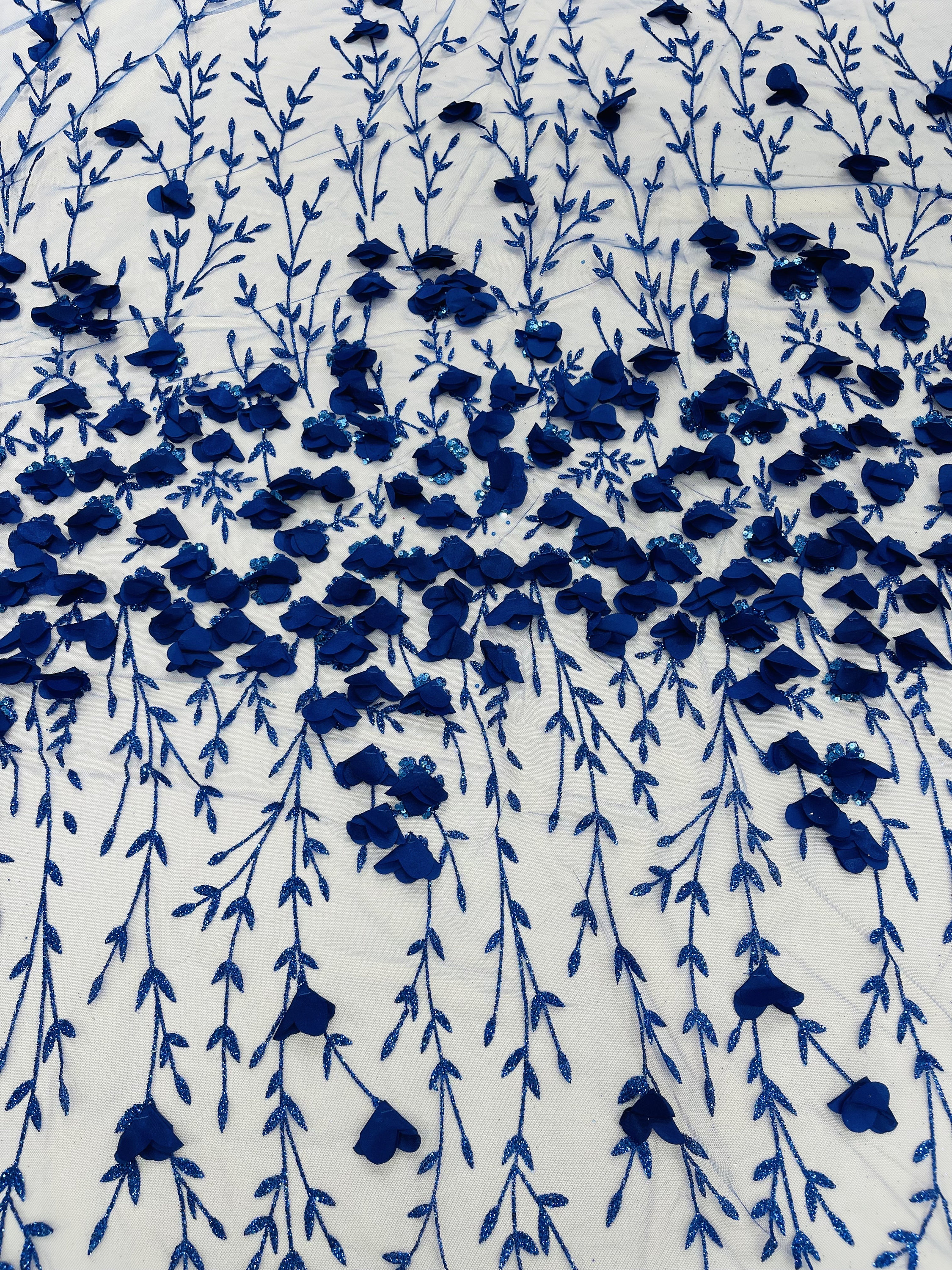 Royal Blue 3D Flower Sequin Fabric, Glitter Tulle Mesh, Wedding Dress ...