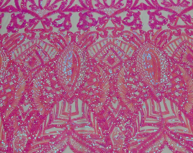 New Iridescent Candy Pink Sequins on Mesh Lt Pink, Royalty Design on a Mesh 4way Stretch Sequin-Prom-Gown By The Yard