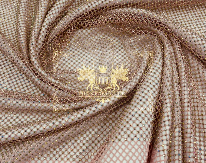 Iridescent Rhinestones Fabric On Rose Stretch Net Fabric, Spandex Fish Net with Crystal Stones sold by the yard
