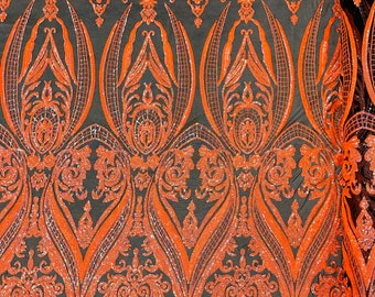 Orange Holographic Sequin 4 Way Stretch Fancy Big Damask Design Sequins on Spandex Mesh Prom Gala Gown Fabric By The Yard