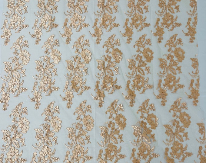 Peach Flower Design Embroidered on Mesh Lace Fabric, Floral Bridal Lace Wedding Dress by the Yard (Pick a Size)