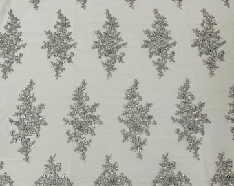 Silver Beaded Sequins Fabric, Embroidery With Beaded Sequin on a Mesh, Floral Bridal Lace Fabric by the yard (Pick a size )