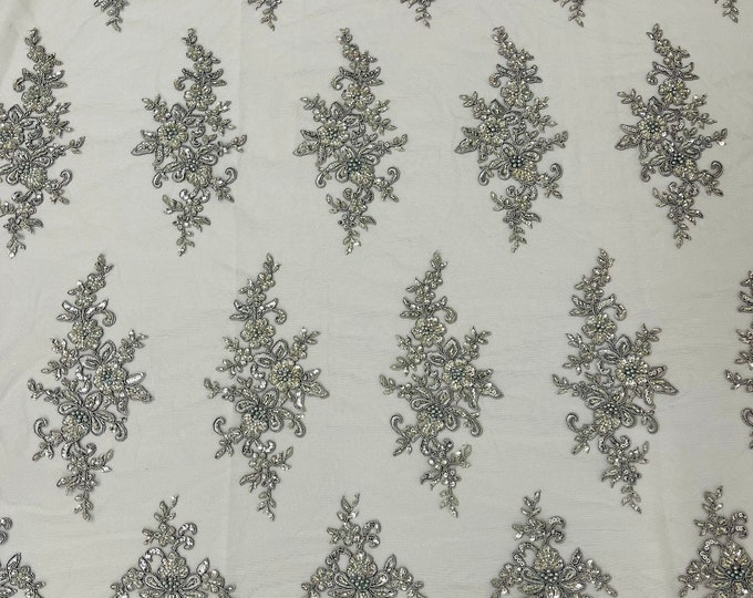 Silver Beaded Sequins Fabric, Embroidery With Beaded Sequin on a Mesh, Floral Bridal Lace Fabric by the yard (Pick a size )