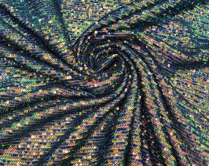 Rainbow Iridescent Mille Striped Stretch Sequins Lace Spandex Mesh-Prom-Gown By The Yard, Formal Wedding Couture Fabric Sequin Fabric