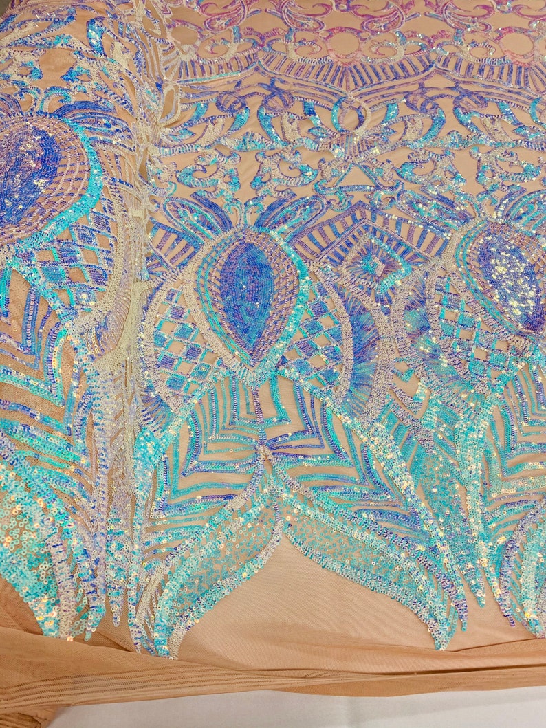 Iridescent Aqua Sequin Fabric Royalty Design Embroidered With - Etsy