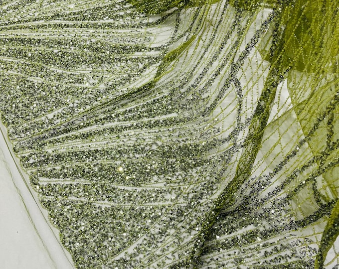 Olive Green Beaded Fabric Sold By The Yard, Fashion Design Beads and Sequins