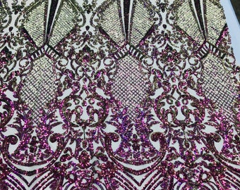 Iridescent Purple Sequin Lace Fabric, Damask Embroidered Mesh, Prom Gown Fabric