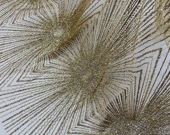 Gold Sparkling Glitter Mesh Fabric By The Yard, Glitters and Sequins Damask Geometric Glitter Fabric Wedding Bridal Decor Prom Glitter