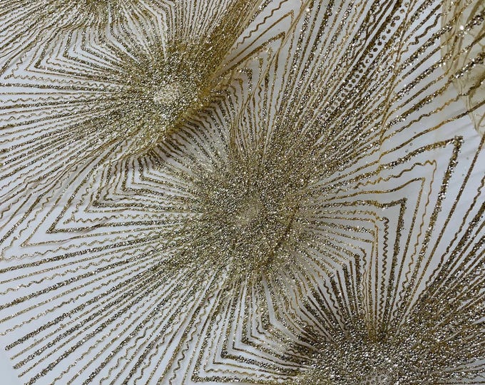 Gold Sparkling Glitter Mesh Fabric By The Yard, Glitters and Sequins Damask Geometric Glitter Fabric Wedding Bridal Decor Prom Glitter