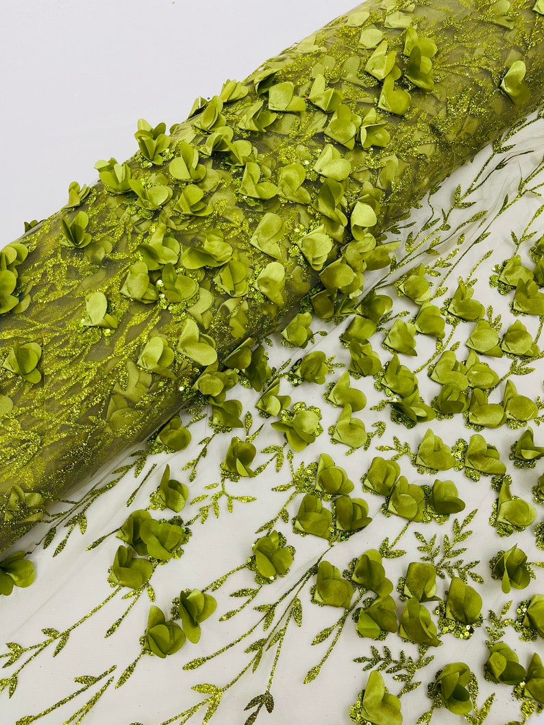Olive 3D Flower Glitter Sequin Fabric by the Yard, Olive 3D Floral ...