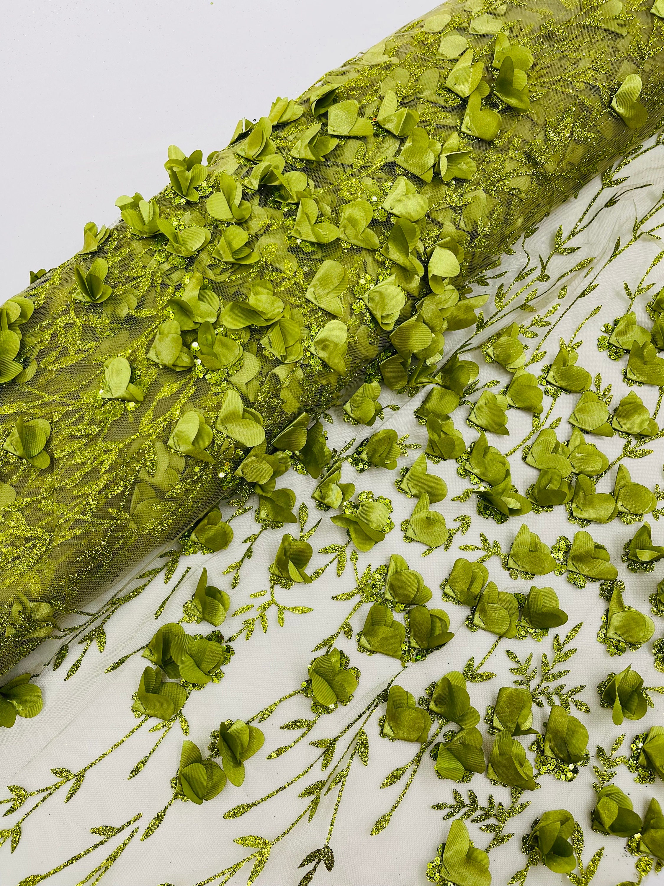 Olive 3D Flower Glitter Sequin Fabric by the Yard, Olive 3D Floral ...