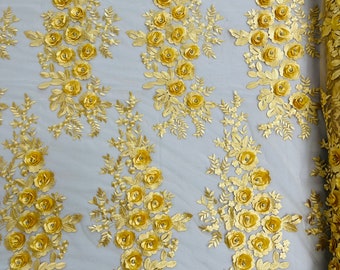 Gold 3D Floral Lace Fabric by the yard, Flower Design Embroider With Rhinestones On a Mesh, Prom-Dresses-Nightgown-Apparel-Fashion