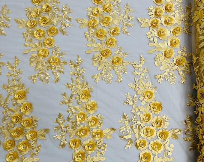 Gold 3D Floral Lace Fabric by the yard, Flower Design Embroider With Rhinestones On a Mesh, Prom-Dresses-Nightgown-Apparel-Fashion