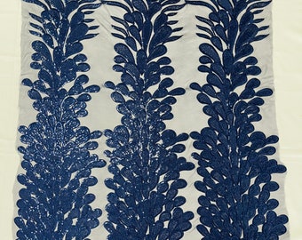 Navy Blue Sequin Lace Fabric: Peacock Feather Embroidery, 4-Way Stretch