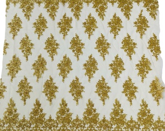 Metallic Gold Flower Beaded Lace Fabric: Embroidered Bridal Wedding Material