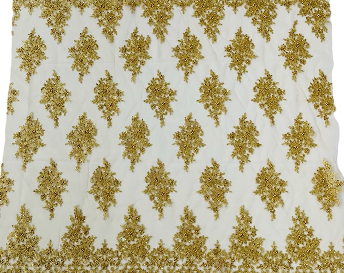 Metallic Gold Flower Beaded Fabric by the yard - Embroidered Beaded With Sequins Wedding Bridal Fabric | Lace Beaded