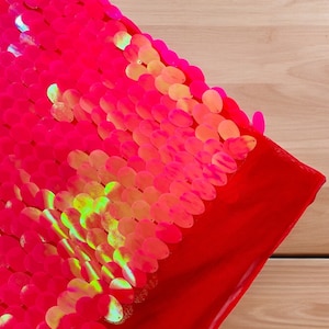 Hot Pink Iridescent Jumbo Sequins Oval Sequin Paillette by the yard - Mesh Tear Drop Mermaid Big Sequins Fabric On a Mesh