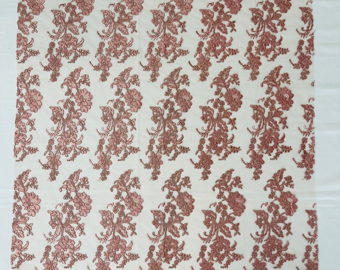 Dusty Rose Flower Design Embroidered on Mesh Lace Fabric, Floral Bridal Lace Wedding Dress by the Yard (Pick a Size)