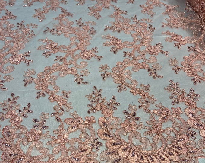 Coral Lace - Floral Lace Fabric, Embroidery With Sequins on a Mesh Lace Fabric By The Yard For Gown, Wedding-Bridal (Choose The Quantity)