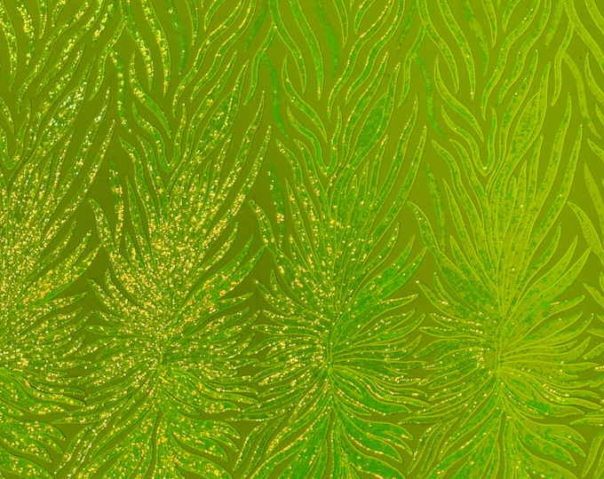 Lime Green Iridescent Sequin - 4 Way Stretch Phoenix Wing Sequin Spandex Mesh Fabric for Prom Gala Gown Sold By Yard
