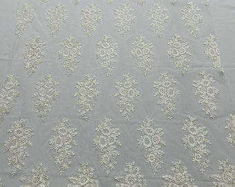 Ivory Floral Lace Fabric – Sequined Embroidery on Mesh, Bridal Wedding