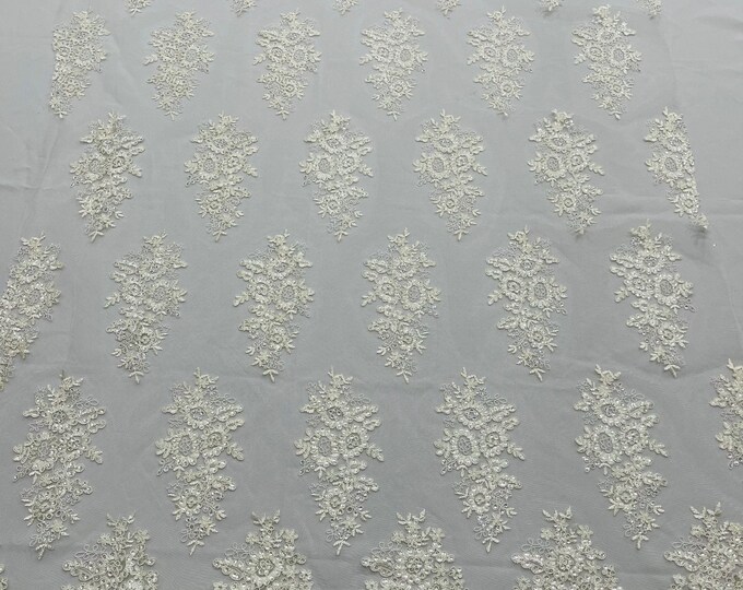 Ivory Floral Lace Fabric - by the yard - Embroidery With Sequins on a Mesh Lace Fabric For Wedding-Bridal