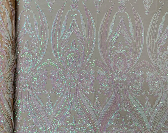 Pink Iridescent Sequin - 4 Way Stretch Fancy Big Damask Design Sequins on Nude Spandex Mesh Prom Gala Gown Fabric By The Yard