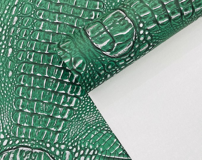 Green Silver Metallic Caiman Gator Vinyl - Upholstery Faux Leather Vinyl Fabric by the Yard, Embossed Gator Caiman Fabric Upholstery