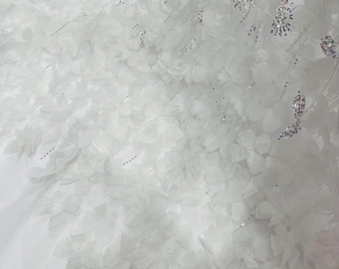 White Beaded Fabric 3D Floral Butterfly Fabric By The Yard, Luxury 3D Butterfly Design Beads and Sequins Embroidered on a Mesh Lace Wedding