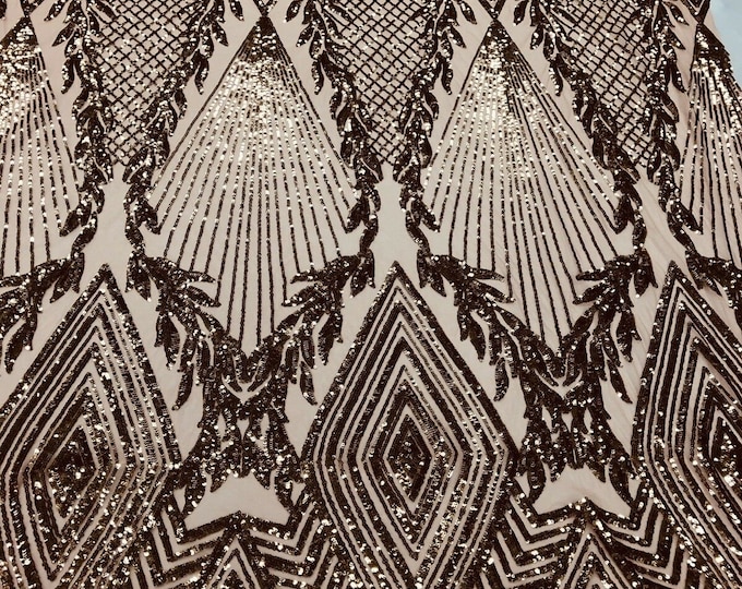 Dusty Rose Sequins Fabric  - 4 Way Stretch Geometric Diamond Design on Mesh Fabric for Prom Gala Gown By The Yard
