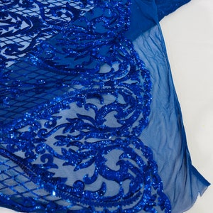 Fringe Sequins Design On A Black 4 Way Stretch Mesh Prom Fabric (1 Yard, Royal Blue) main image 1