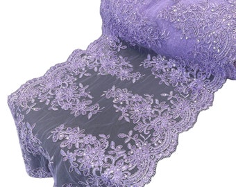 Lilac Floral Lace Fabric: Sequined Embroidery Mesh, 14" Wide