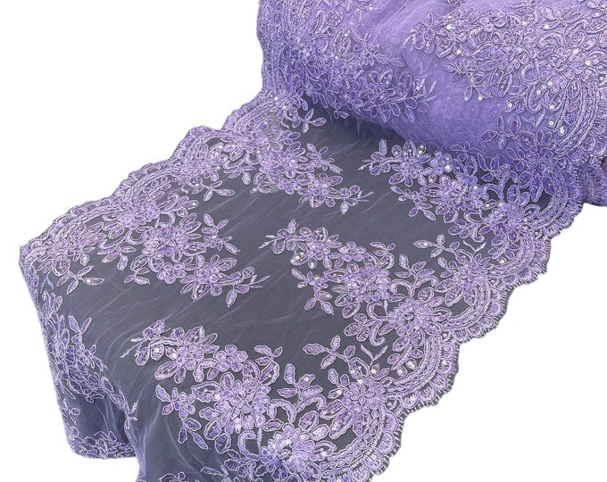 Lilac Floral Lace Fabric For Runner 14” Inch - by the yard - Embroidery With Sequins on a Mesh Lace Fabric For Wedding
