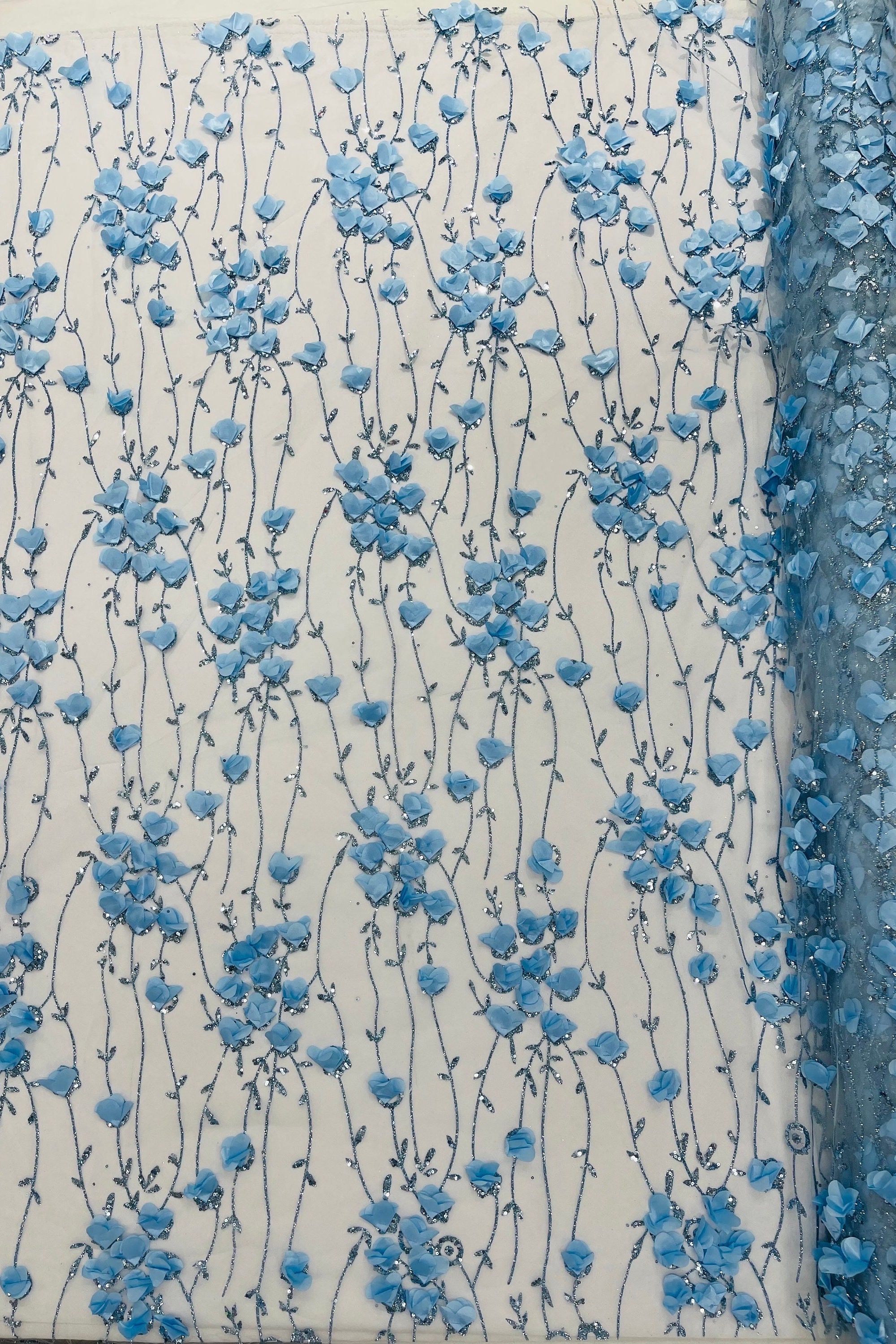 Baby Blue Glitter Tulle Fabric: 3D Flower Sequin Lace, Wedding Dress ...