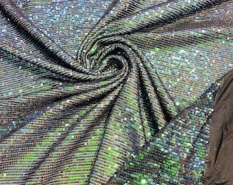 Green Iridescent Mille Striped Stretch Sequins | by the yard | Lace 4 Way Mesh-Prom-Gown | Wedding Couture Fabric | Sequin Fabric