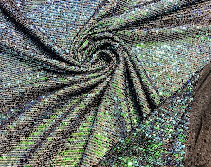 Green Iridescent Mille Striped Stretch Sequins | by the yard | Lace 4 Way Mesh-Prom-Gown | Wedding Couture Fabric | Sequin Fabric