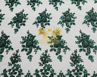 Hunter Green Beaded Floral Lace Fabric | Bridal, Gown By The Yard
