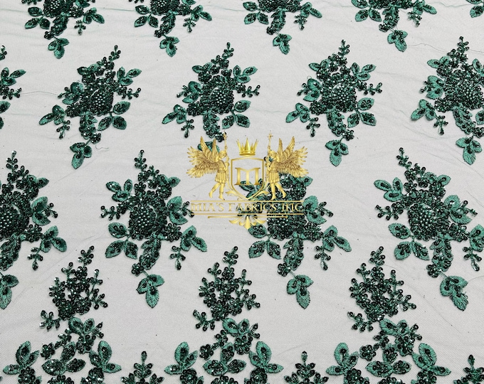 Hunter Green Beaded Sequins Fabric | Embroidery With Beaded Sequin on a Mesh | Beaded Floral | Flowers Bridal Lace Fabric by the yard